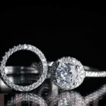 "Elegant silver halo diamond ring with a sparkling center stone and pave-set band"